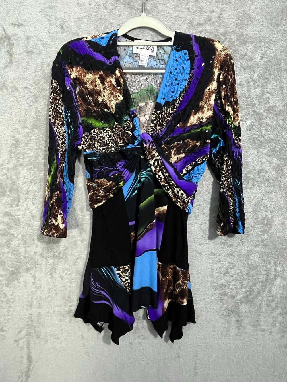 VTG Y2K Joseph Ribkoff Mini Dress Size 8 Black Abstract Handkerchief Hem Sequins